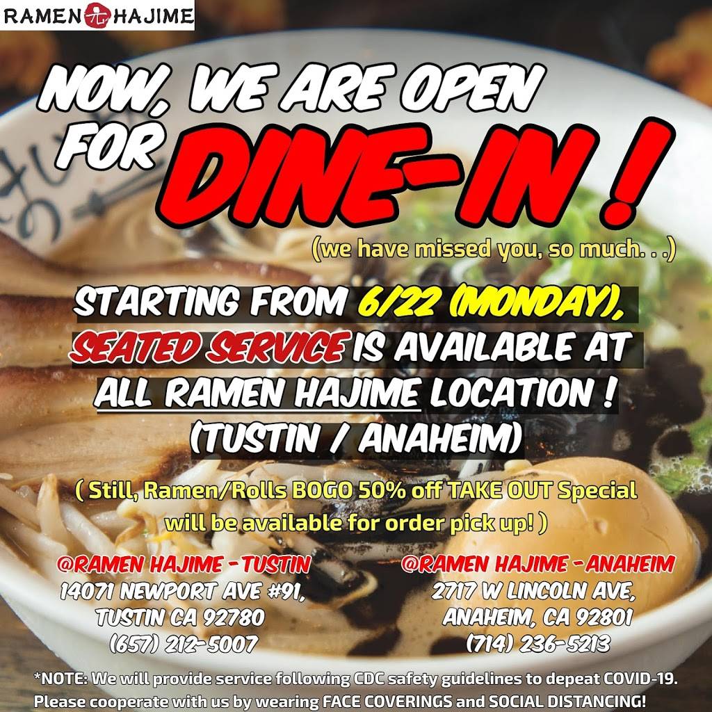 Ramen Hajime Tustin | restaurant | 14071 Newport Ave #91, Tustin, CA 92780, USA | 6572125007 OR +1 657-212-5007