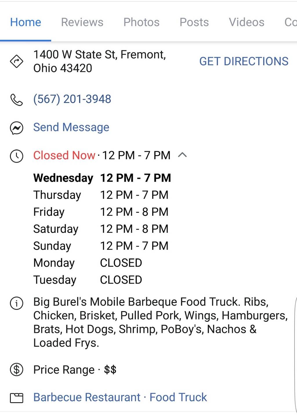 Big Burels BBQ Food Truck | restaurant | 1400 W State St, Fremont, OH 43420, USA | 5672013948 OR +1 567-201-3948