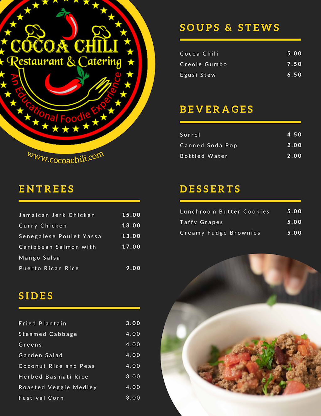 Cocoa Chili Restaurant & Catering | restaurant | 135 N Kedzie Ave, Chicago, IL 60612, USA | 3127253170 OR +1 312-725-3170