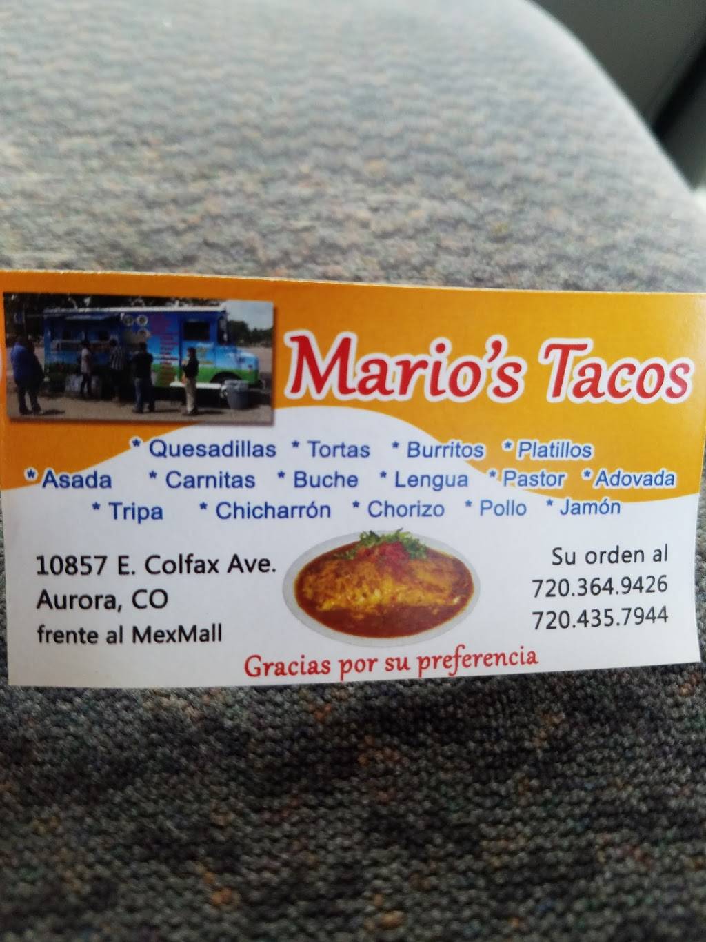 Marios Tacos Mexican Restaurant | restaurant | 10855-10857 E Colfax Ave, Aurora, CO 80010, USA | 7204357944 OR +1 720-435-7944