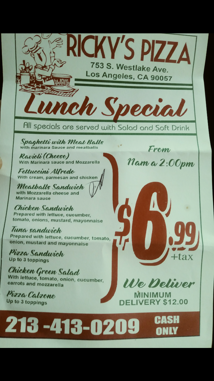 Rickys Pizza | restaurant | 753 S Westlake Ave, Los Angeles, CA 90057, USA | 2132969357 OR +1 213-296-9357
