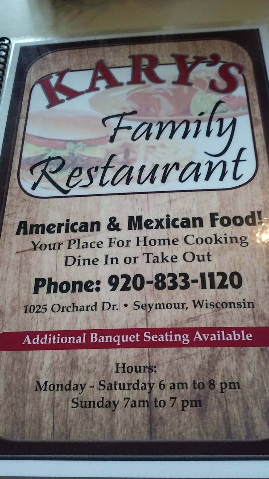 Karys Family Restaurant | restaurant | 1652, 1025 Orchard Dr, Seymour, WI 54165, USA | 9208331120 OR +1 920-833-1120