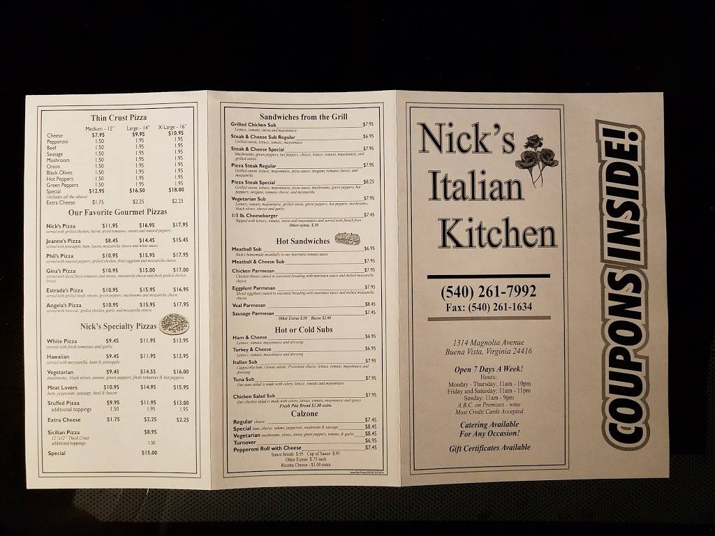 Nicks Italian Kitchen | restaurant | 1314 Magnolia Ave, Buena Vista, VA 24416, USA | 5402617992 OR +1 540-261-7992