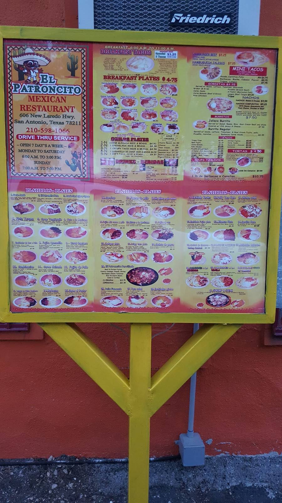 EL PATRONCITO MEXICAN RESTAURAN | restaurant | 606 New Laredo Hwy, San Antonio, TX 78211, USA | 2105981066 OR +1 210-598-1066