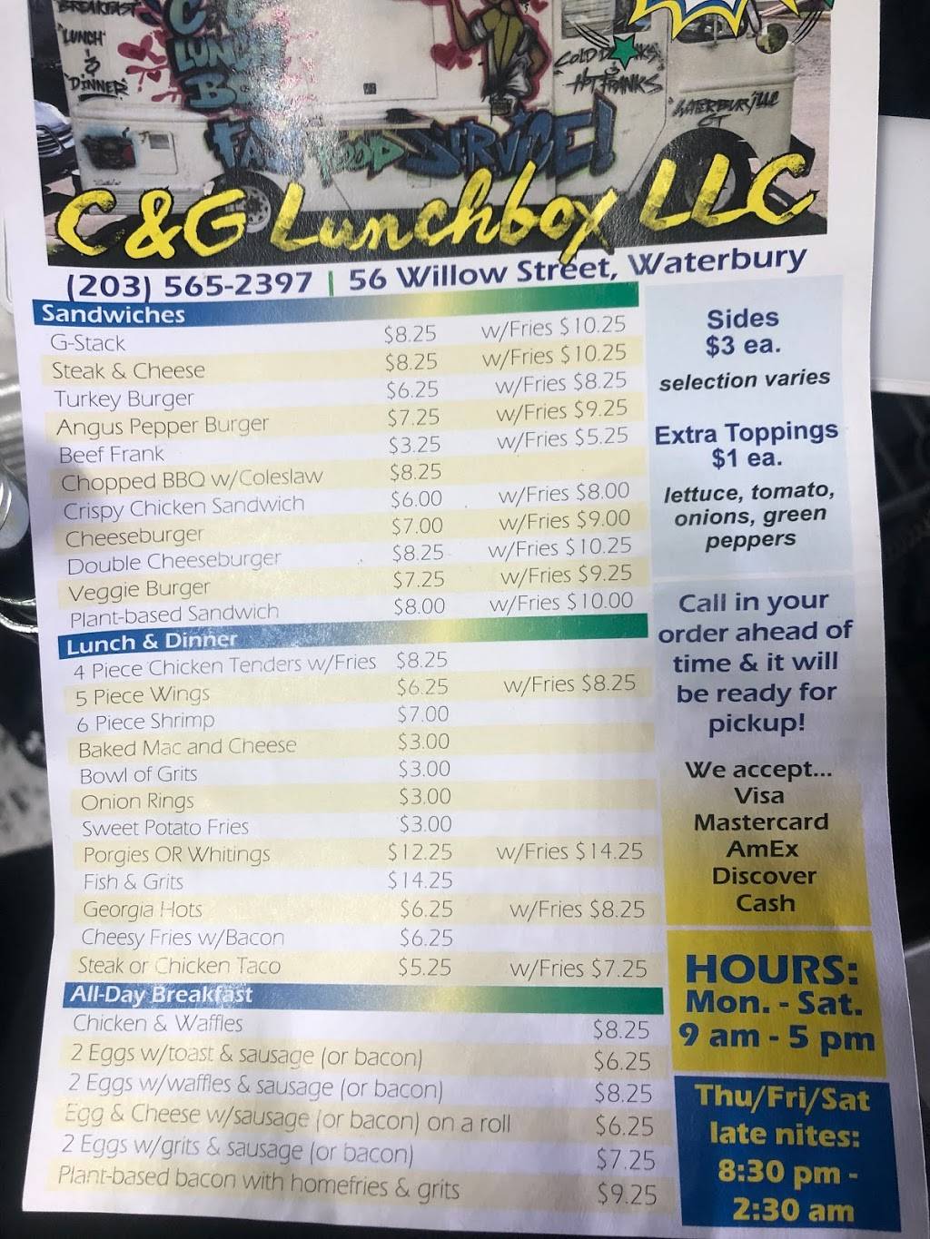C&G Lunchbox LLC | restaurant | 56 Willow St, Waterbury, CT 06710, USA | 2035652397 OR +1 203-565-2397
