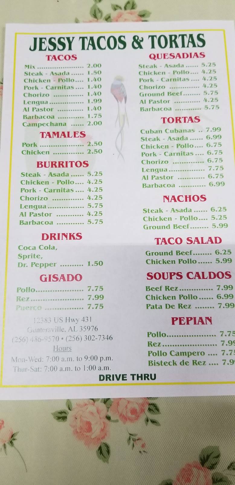 JESSY TACOS & TORTAS | restaurant | 12383 US-431, Guntersville, AL 35976, USA | 2564869570 OR +1 256-486-9570