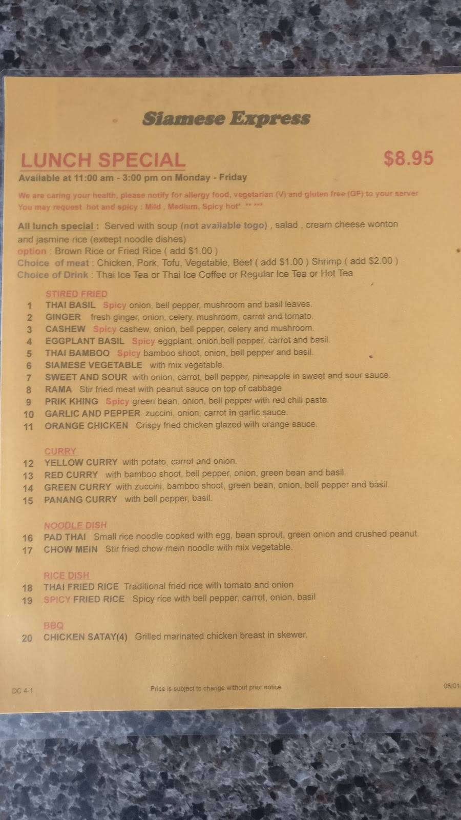 Siamese Express | restaurant | 26952 La Paz Rd, Aliso Viejo, CA 92656, USA | 9498310882 OR +1 949-831-0882