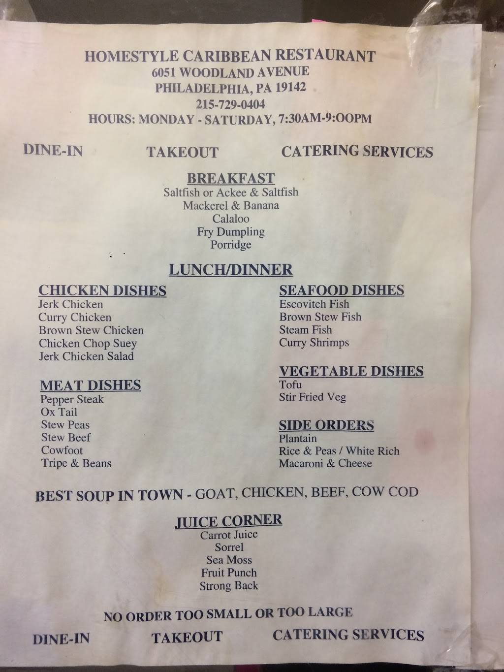 Homestyle Caribbean and American Restaurant | restaurant | 6051 Woodland Ave, Philadelphia, PA 19142, USA | 2679693156 OR +1 267-969-3156