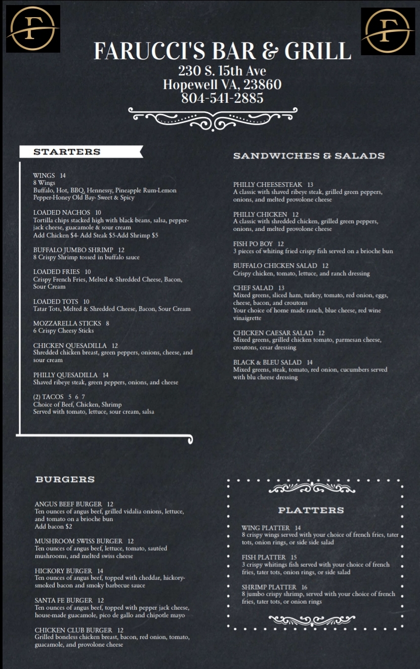 Faruccis Bar & Grill | restaurant | 230 S 15th Ave, Hopewell, VA 23860, USA | 8045412885 OR +1 804-541-2885