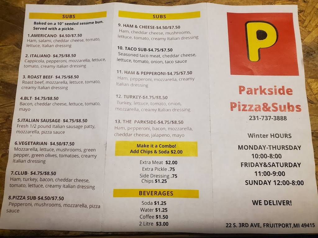 Parkside Pizza & Sub | restaurant | 22 S 3rd Ave, Fruitport Charter Twp, MI 49415, USA | 2317373888 OR +1 231-737-3888
