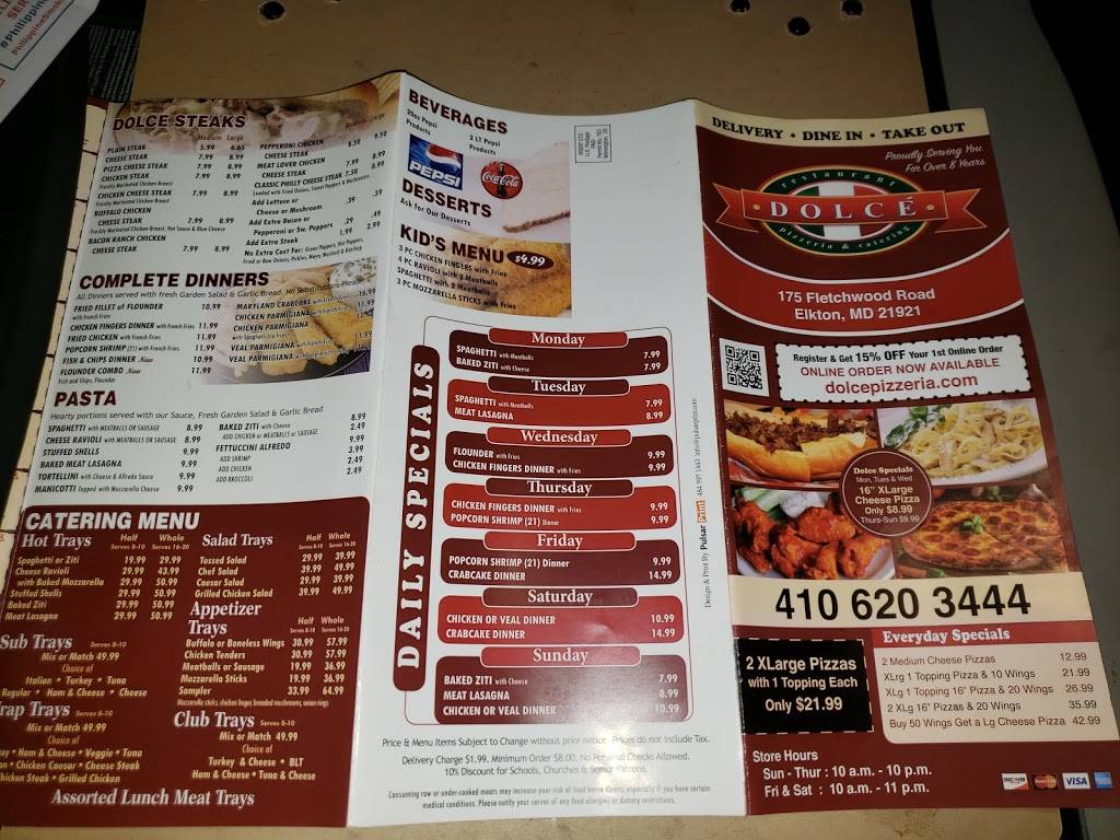 Dolce Restaurant & Pizzeria | restaurant | 175 Fletchwood Rd Suite D, Elkton, MD 21921, USA | 4106203444 OR +1 410-620-3444