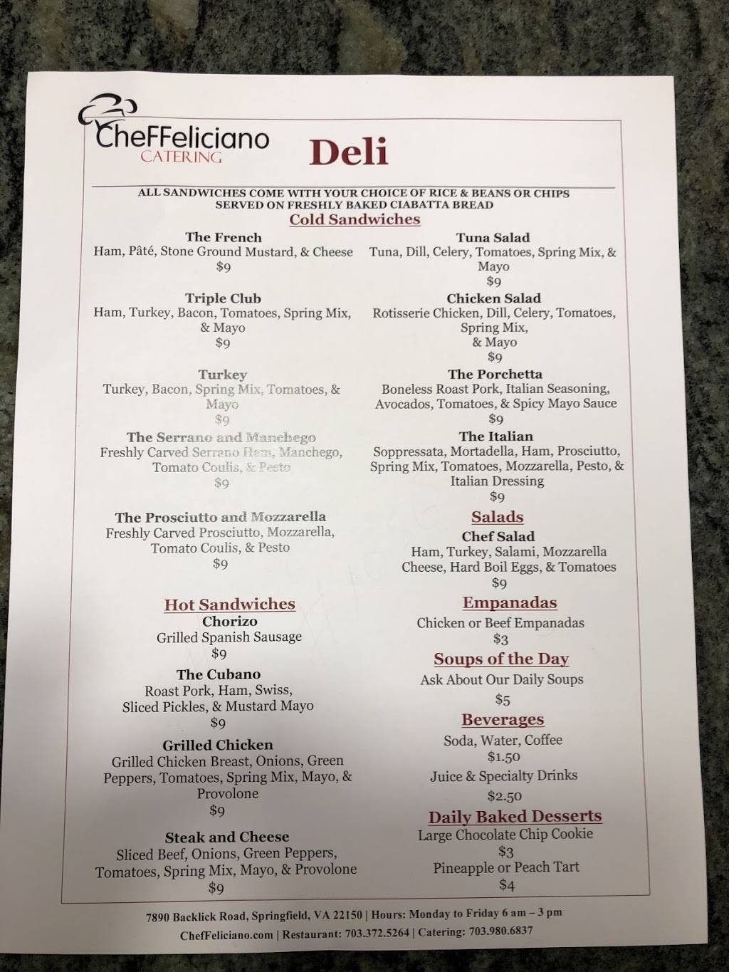 Chef Feliciano Deli | restaurant | 7890 Backlick Rd, Springfield, VA 22150, USA | 7039806837 OR +1 703-980-6837