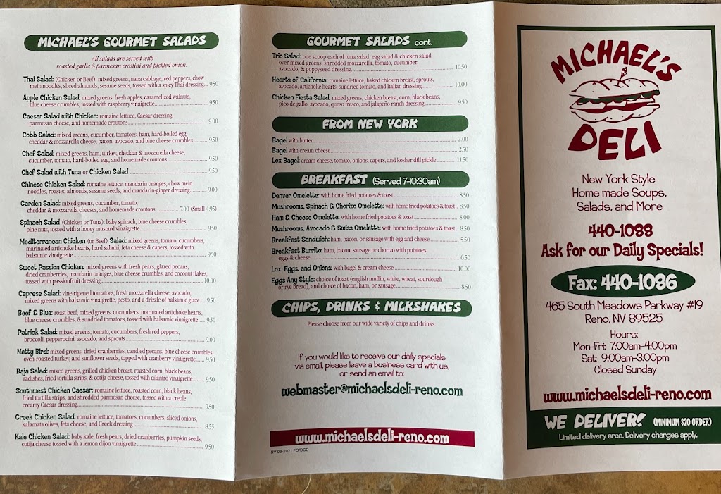 Michaels Deli 2 | restaurant | 465 S Meadows Pkwy Suite #19, Reno, NV 89521, USA | 7754401088 OR +1 775-440-1088