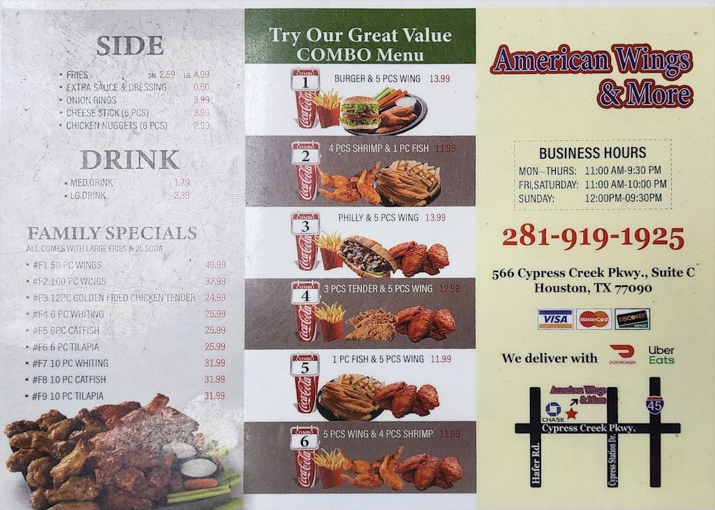 American wings & more | restaurant | 566 Cypress Creek Pkwy suite c, Houston, TX 77090, USA | 2819191925 OR +1 281-919-1925