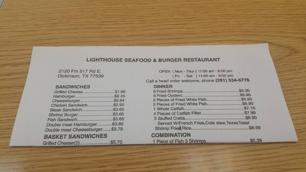 Lighthouse Seafood Restaurant | restaurant | 2120 FM 517 Rd E, Dickinson, TX 77539, USA | 2815346778 OR +1 281-534-6778