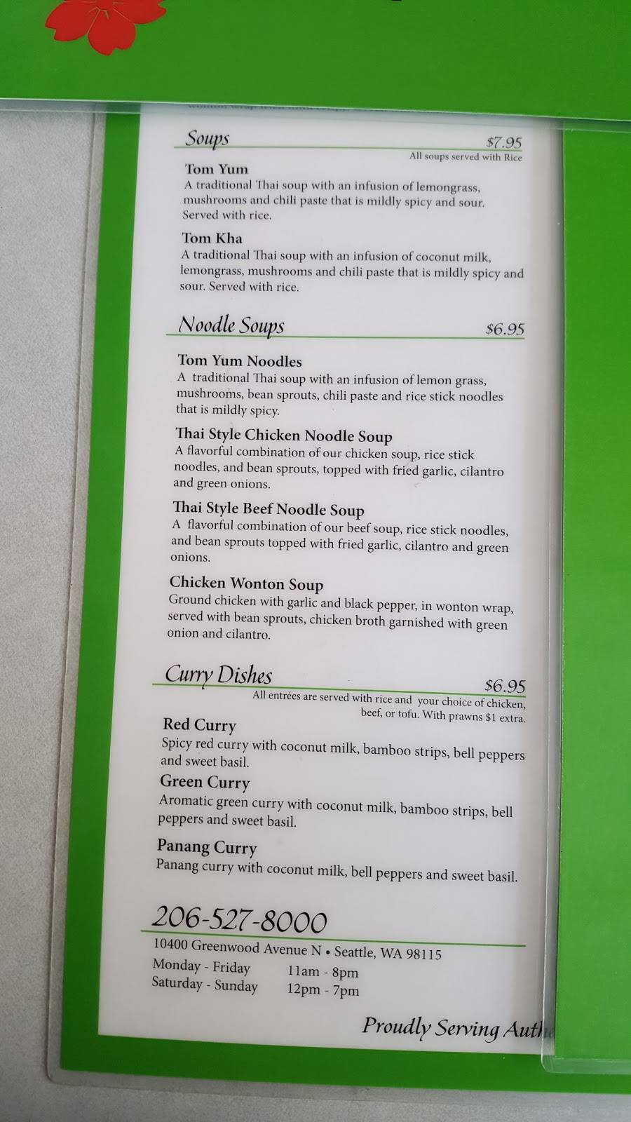 Namfon Thai Cuisine | restaurant | 10400 Greenwood Ave N, Seattle, WA 98133, USA | 2065278000 OR +1 206-527-8000