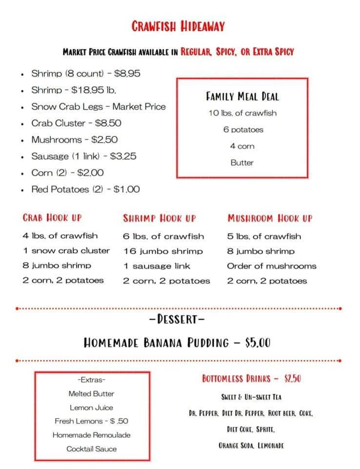 Crawfish Hideaway | restaurant | 143 Hill St, Buffalo, TX 75831, USA | 9033226023 OR +1 903-322-6023