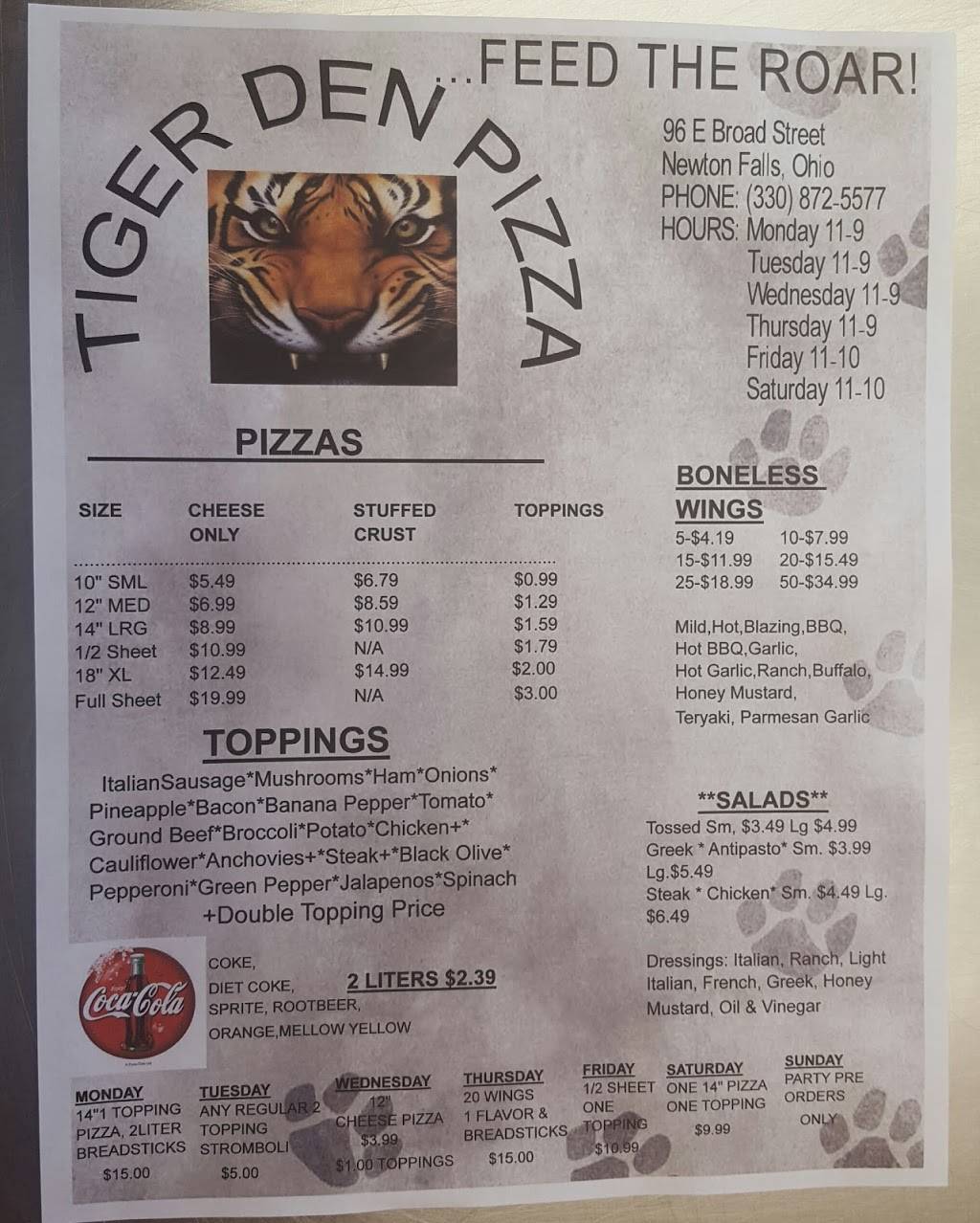 Tiger Den Pizza | restaurant | 96 E Broad St, Newton Falls, OH 44444, USA | 3308725577 OR +1 330-872-5577