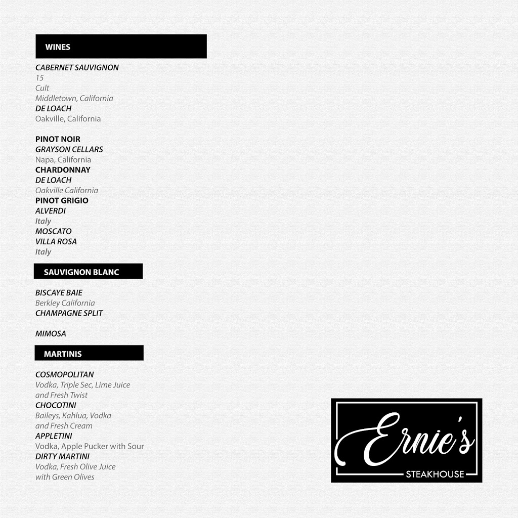 Ernies Steakhouse | restaurant | 9141 Wicker Ave, St John, IN 46373, USA | 2195580509 OR +1 219-558-0509