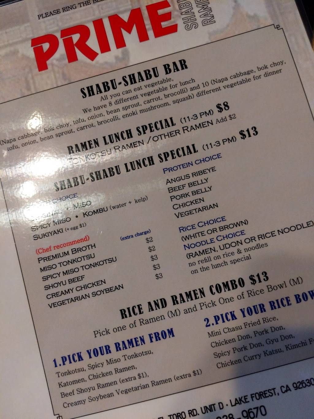 Prime Shabu and Ramen | restaurant | 23624 El Toro Rd #d, Lake Forest, CA 92630, USA | 9493289670 OR +1 949-328-9670
