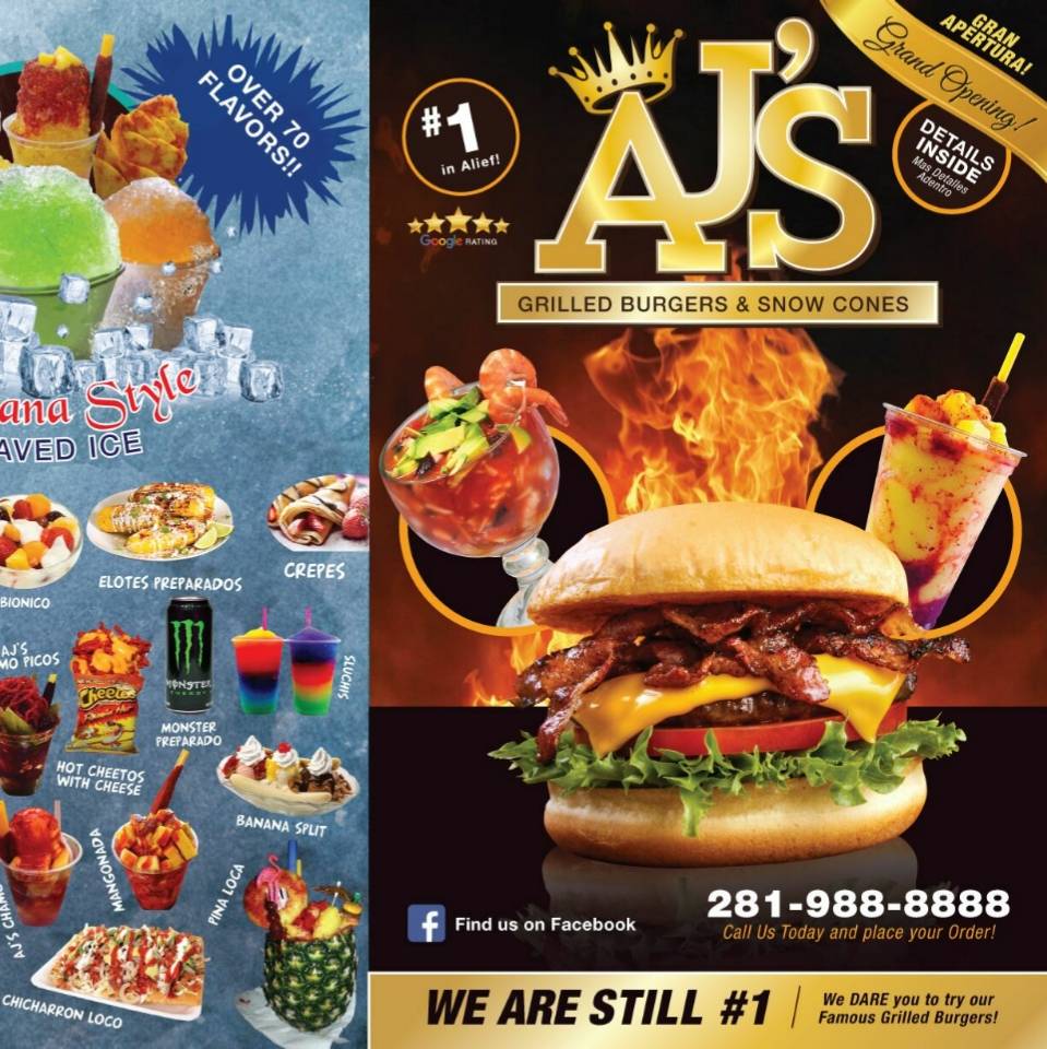 AJs Grilled Burgers and Snowcones | restaurant | 11845 Bissonnet St, Houston, TX 77099, USA | 2819888888 OR +1 281-988-8888