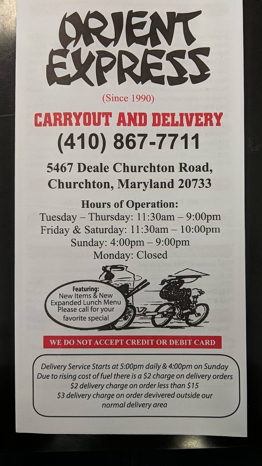 Orient Express Carry-Out | meal takeaway | 5467 Deale Churchton Rd, Churchton, MD 20733, USA | 4108677711 OR +1 410-867-7711
