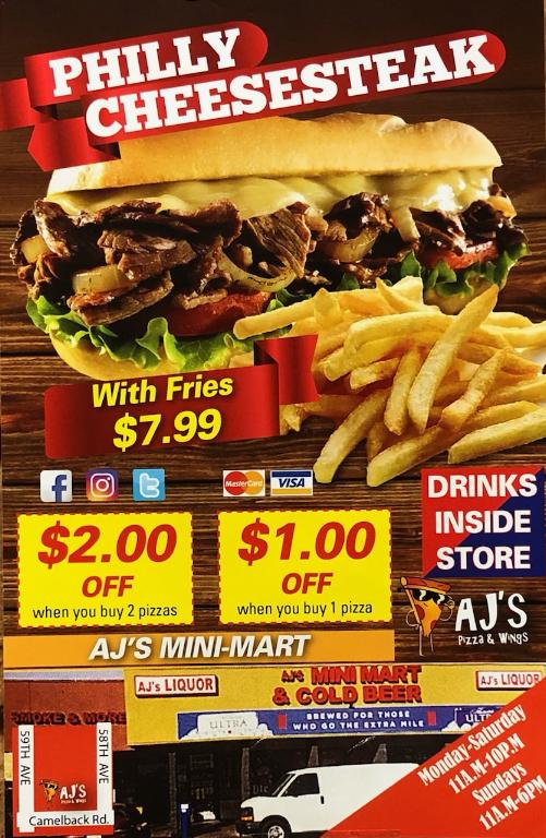 Ajs Pizza & Wings | restaurant | 5828 W Camelback Rd, Glendale, AZ 85301, USA | 6027276484 OR +1 602-727-6484