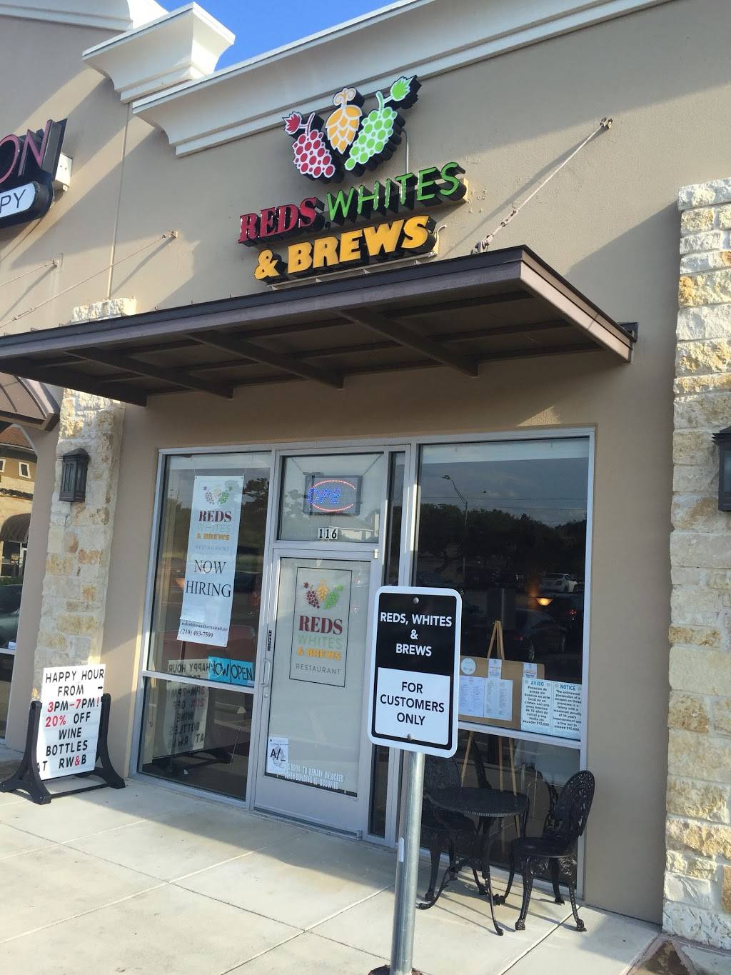 Reds, Whites, and Brews Restaurant | restaurant | 15614 Huebner Rd #116, San Antonio, TX 78248, USA | 2104937599 OR +1 210-493-7599