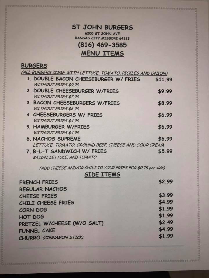 St John Burgers | restaurant | 6200 St John Ave, Kansas City, MO 64123, USA | 8164693585 OR +1 816-469-3585