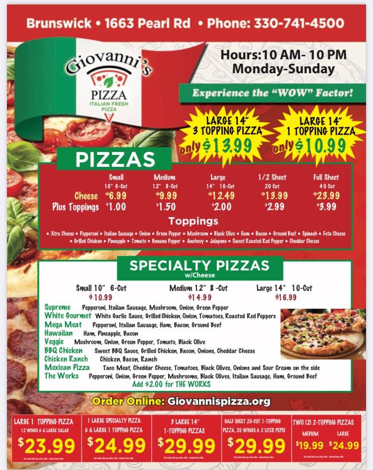 Giovannis Pizza Brunswick | meal takeaway | 1663 Pearl Rd, Brunswick, OH 44212, USA | 3307414500 OR +1 330-741-4500