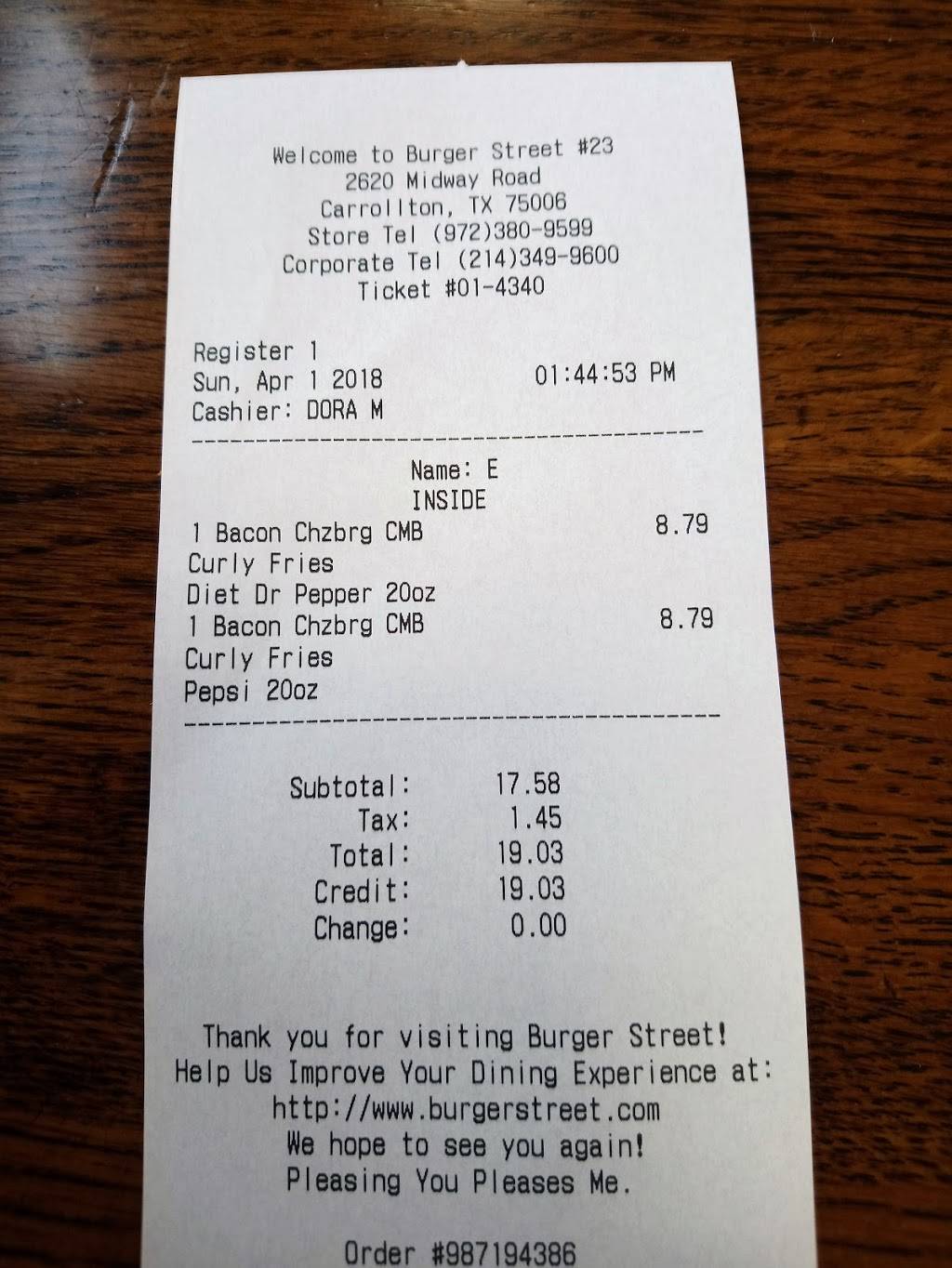 Burger Street | restaurant | 2620 Midway Rd, Carrollton, TX 75006, USA | 9723809599 OR +1 972-380-9599