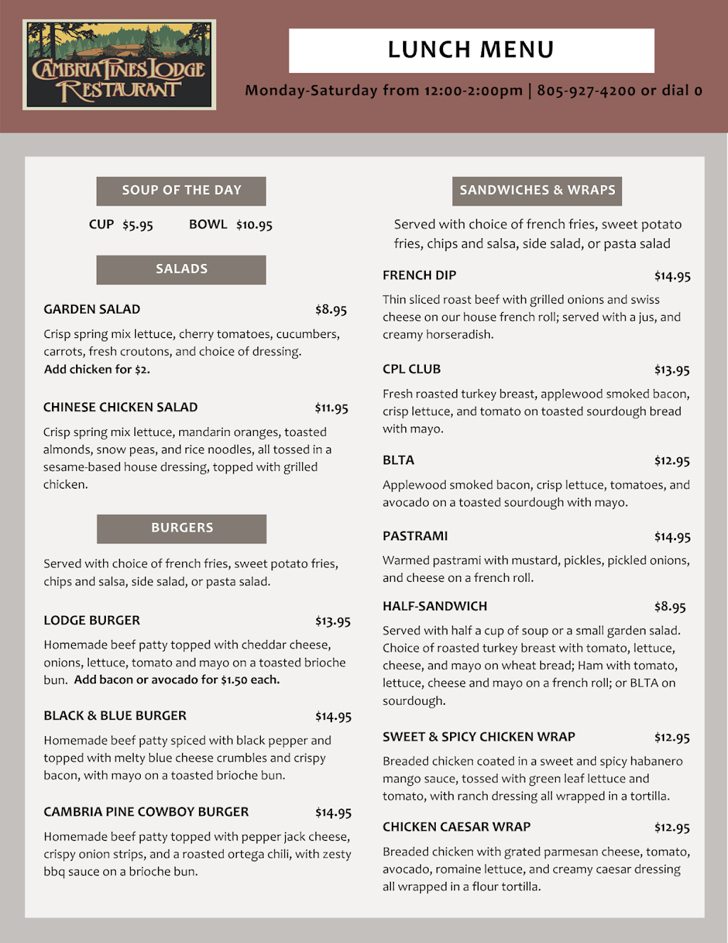 Cambria Pines Lodge Restaurant | restaurant | 2905 Burton Dr Suite #1, Cambria, CA 93428, USA | 8059274200 OR +1 805-927-4200