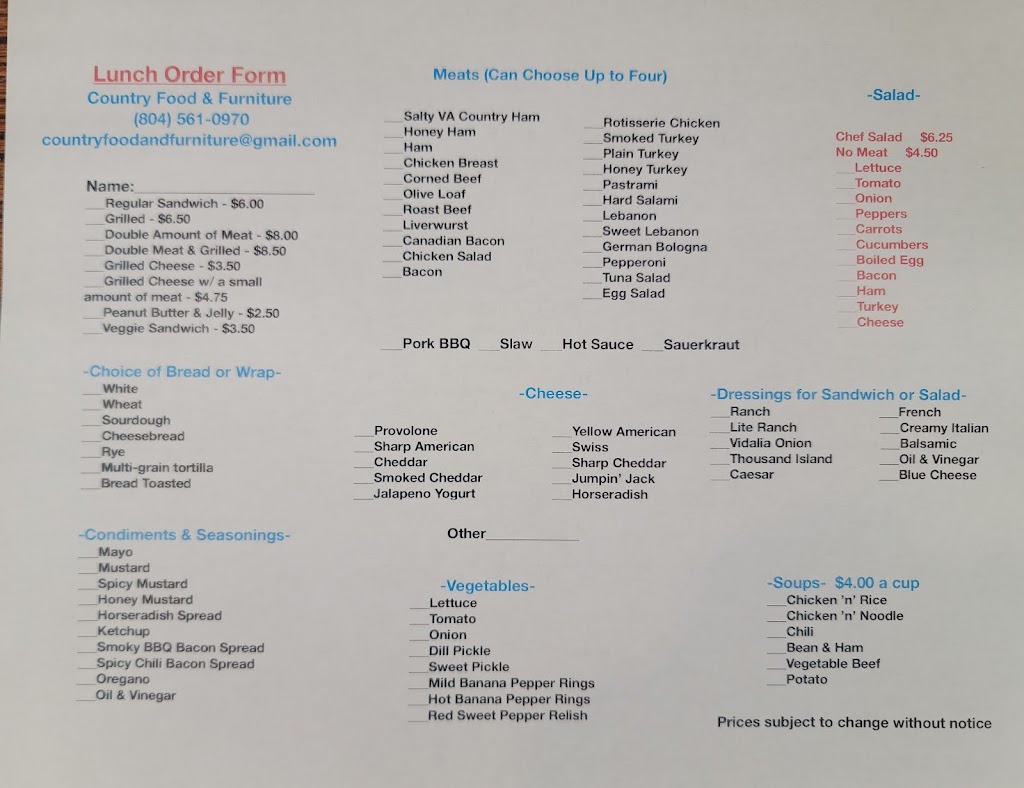 Country Food and Furniture | restaurant | 17231 Genito Rd, Amelia Court House, VA 23002, USA | 8045610970 OR +1 804-561-0970