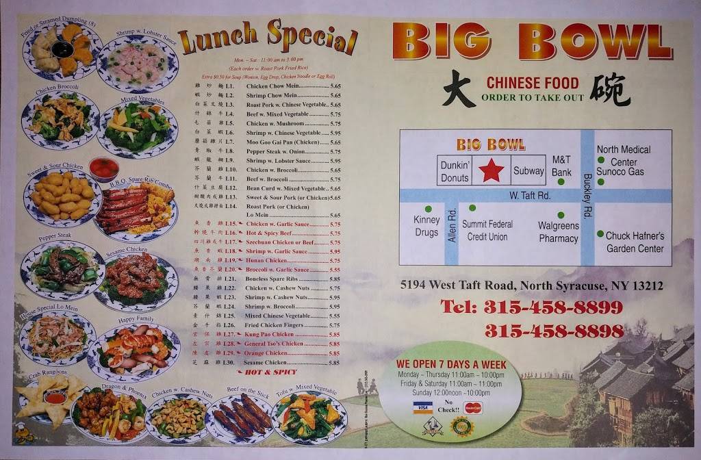 Big Bowl Inc | restaurant | 5194 W Taft Rd, North Syracuse, NY 13212, USA | 3154588899 OR +1 315-458-8899