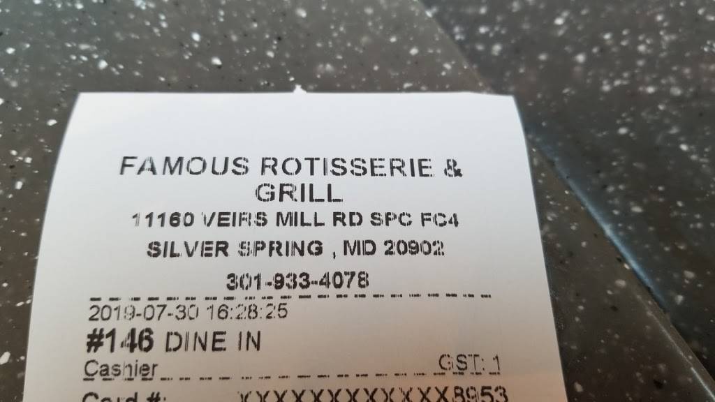 Famous Rotisserie and Grill | restaurant | 11160 Veirs Mill Rd, Wheaton, MD 20902, USA | 3019334078 OR +1 301-933-4078
