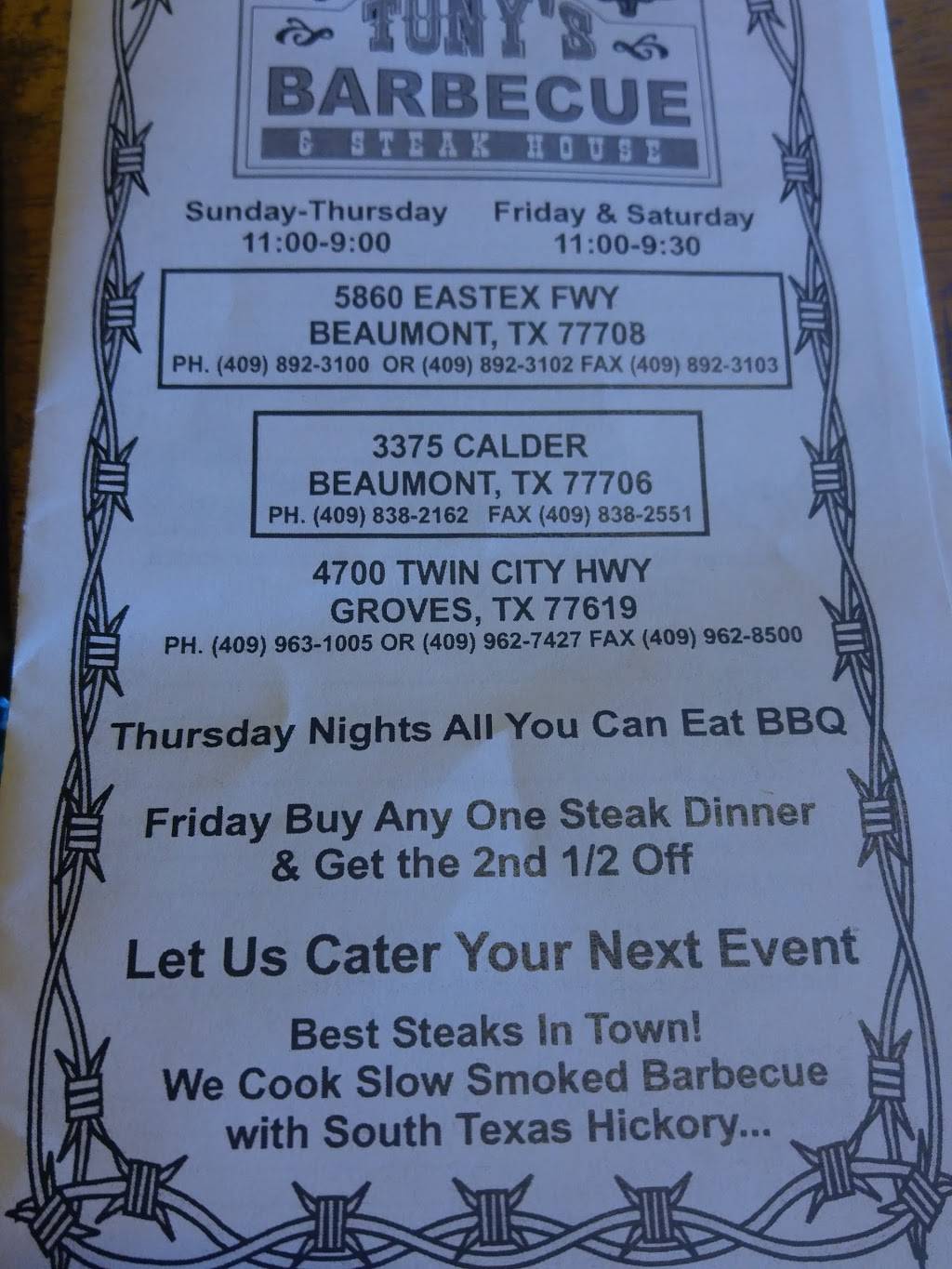 Tonys Barbecue & Steakhouse | restaurant | 3375 Calder Ave, Beaumont, TX 77706, USA | 4098382162 OR +1 409-838-2162
