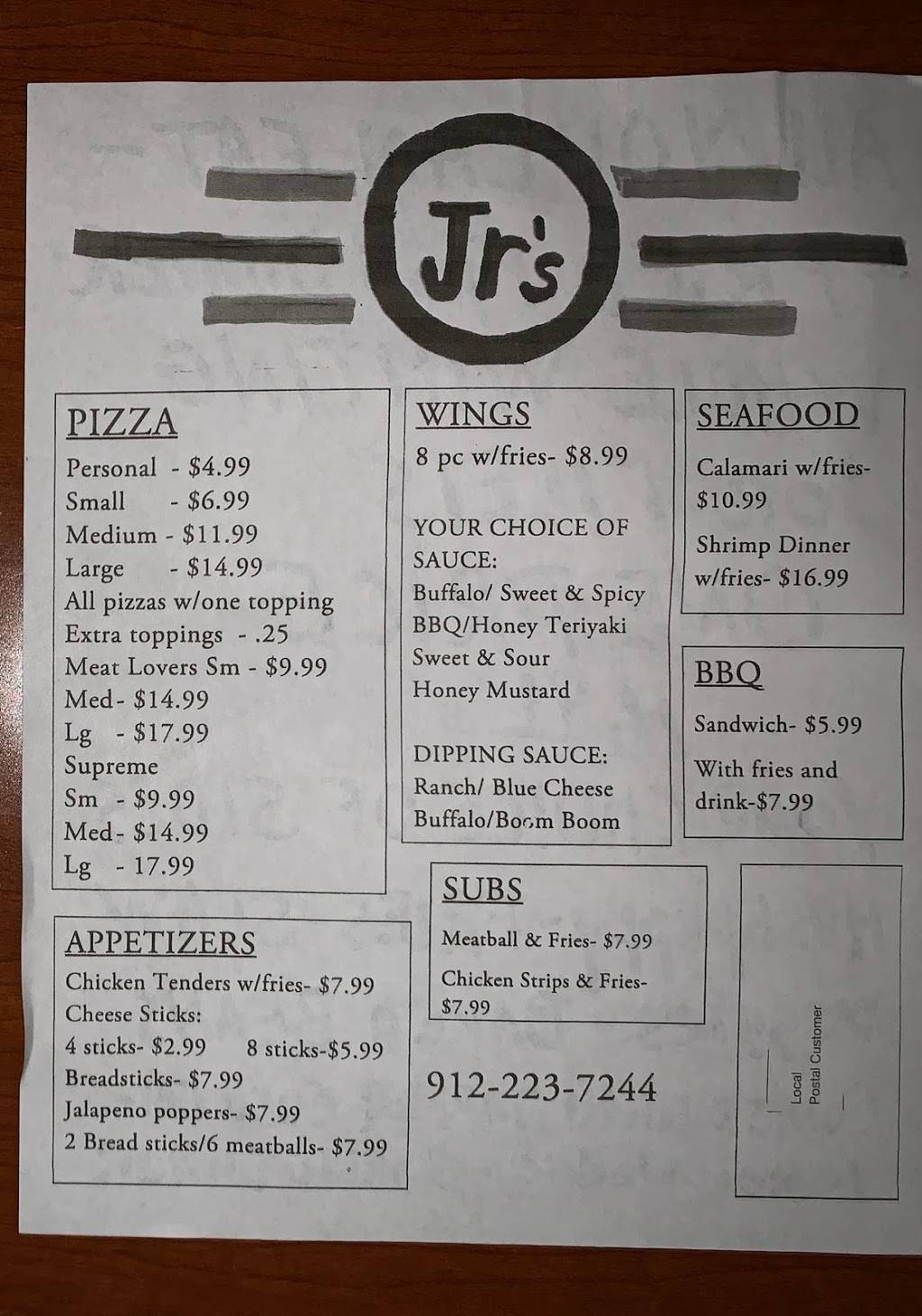 Jrs Pizza, Wings & Seafood | restaurant | 1023 River dance loop N E, Townsend, GA 31331, USA | 9122237244 OR +1 912-223-7244