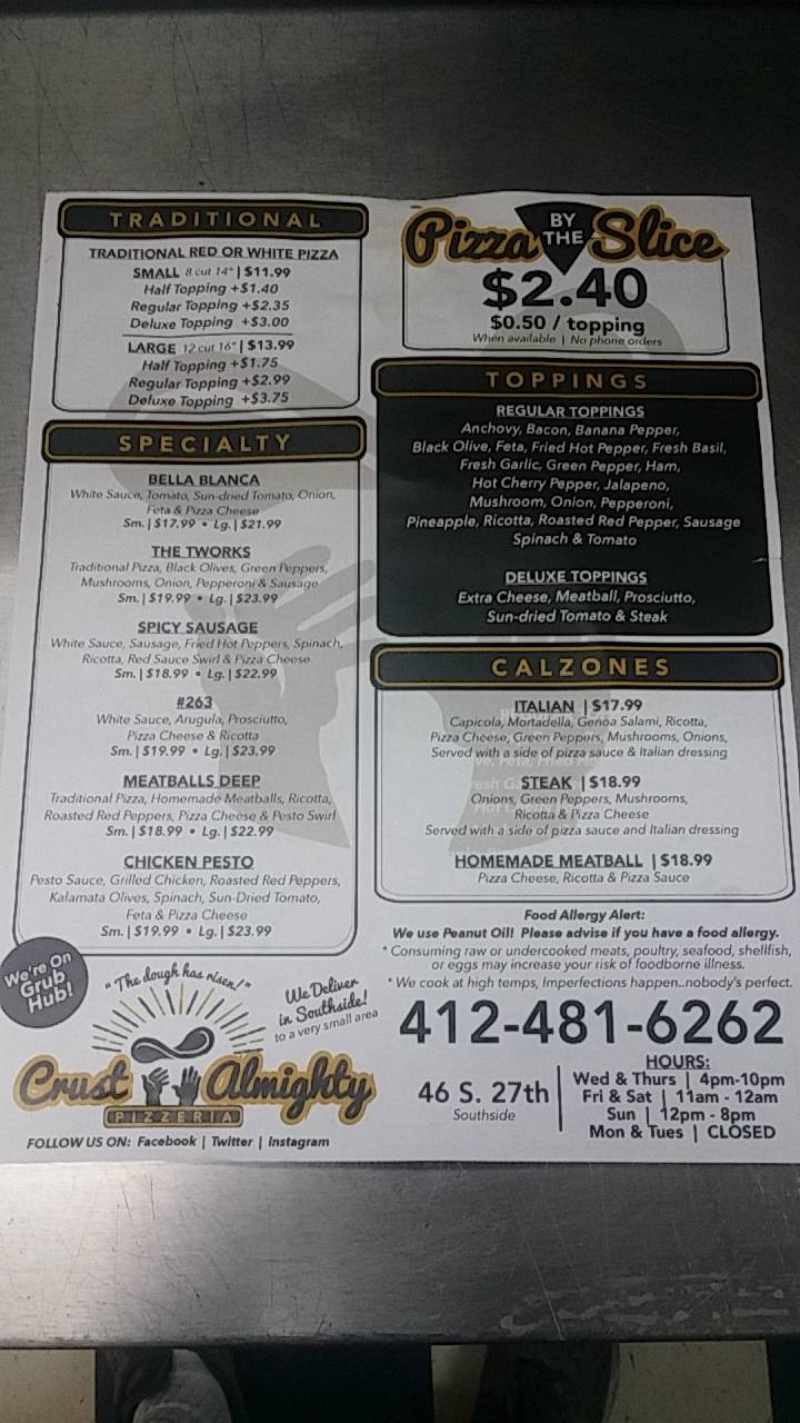 Crust Almighty Pizzeria | restaurant | 46 S 27th St, Pittsburgh, PA 15203, USA | 4124816262 OR +1 412-481-6262