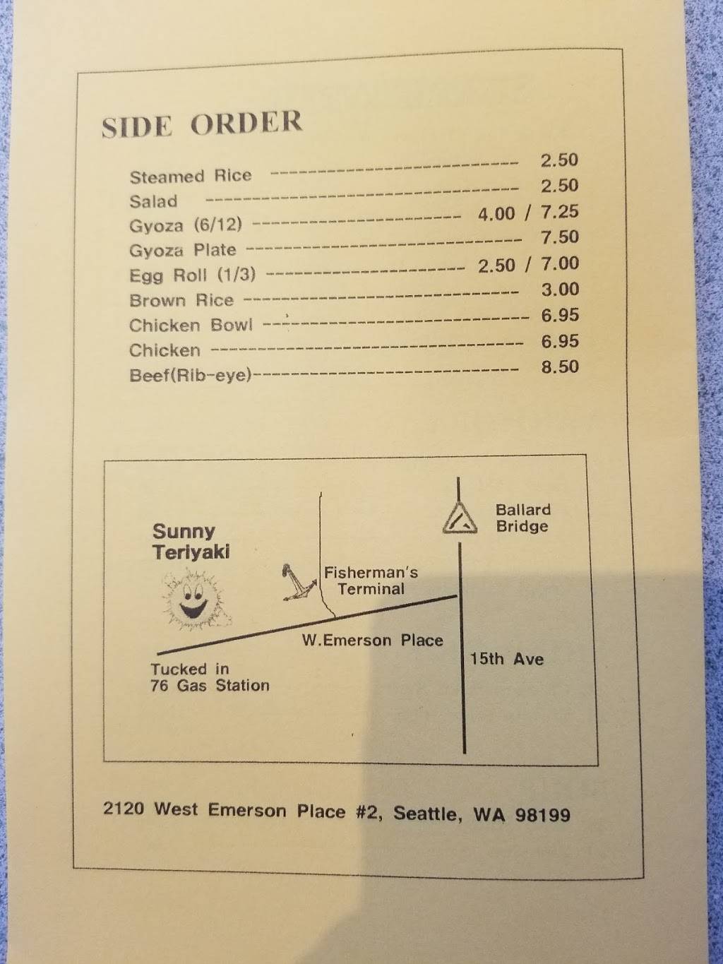 Sunny Teriyaki | restaurant | 2120 W Emerson Pl B, Seattle, WA 98199, USA | 2062819339 OR +1 206-281-9339