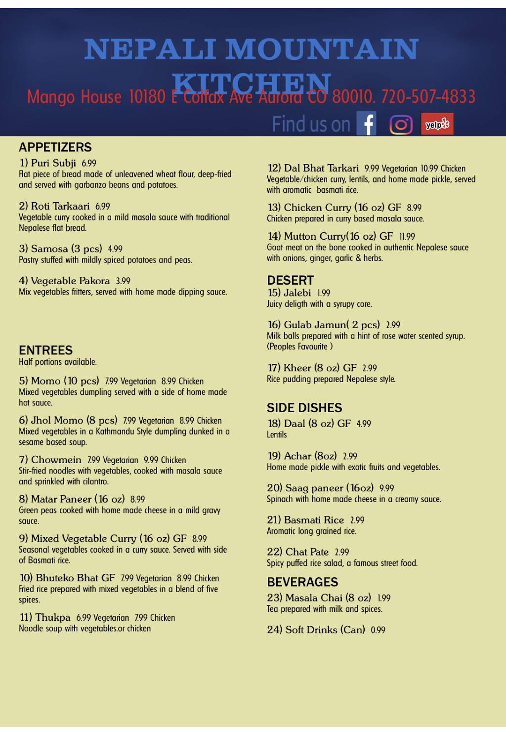Nepali Mountain Kitchen | restaurant | Suits 115, 10180 E Colfax Ave, Aurora, CO 80010, USA | 7205074833 OR +1 720-507-4833