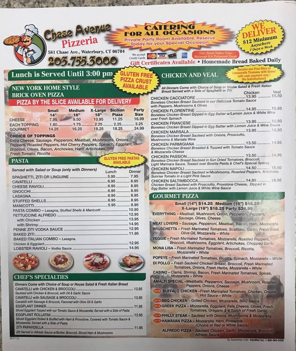 Chase Ave Pizza &Catering | restaurant | 581 Chase Ave, Waterbury, CT 06704, USA | 2037552624 OR +1 203-755-2624