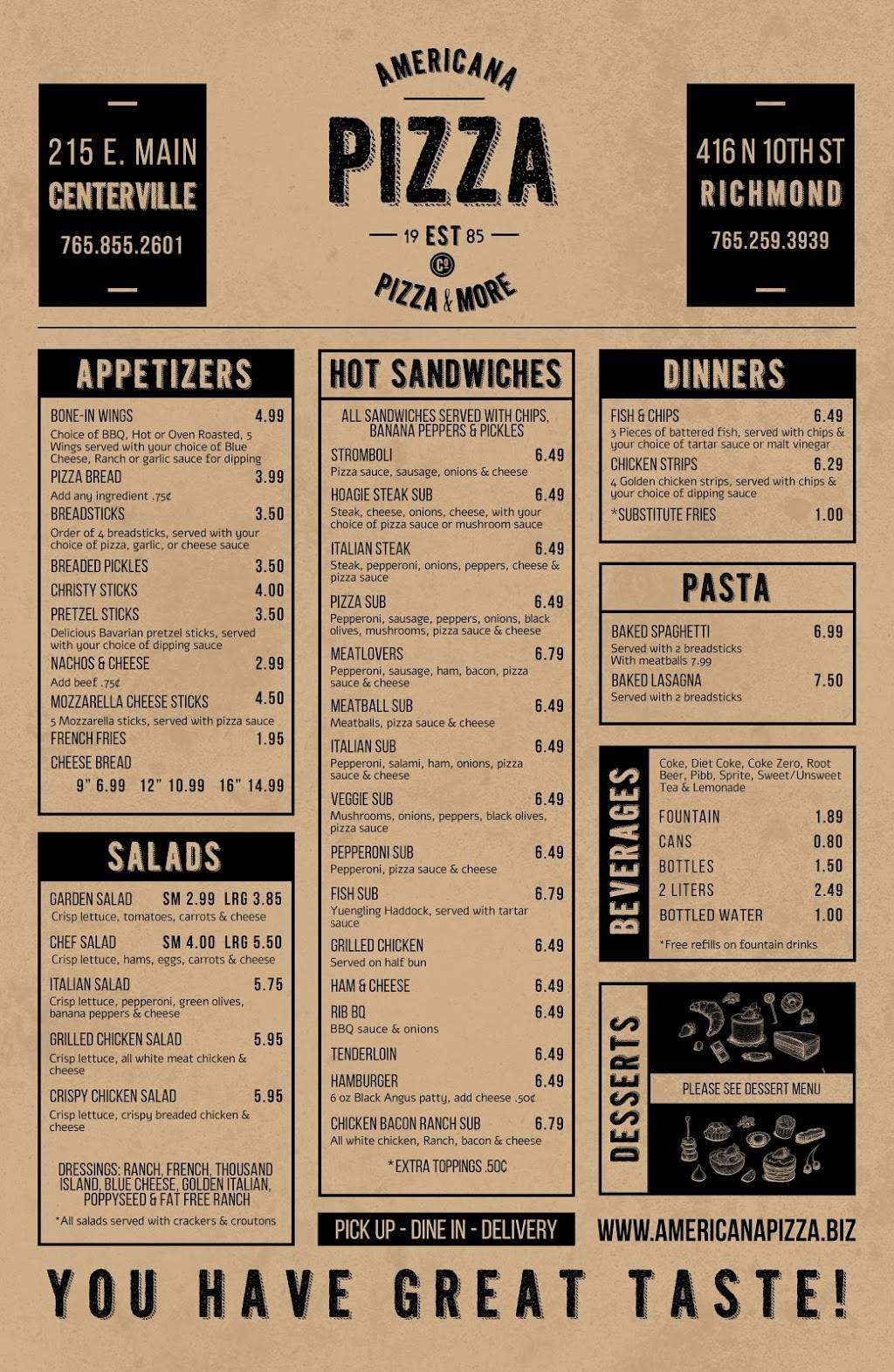 Americana Pizza | restaurant | 416 N 10th St, Richmond, IN 47374, USA | 7652593939 OR +1 765-259-3939