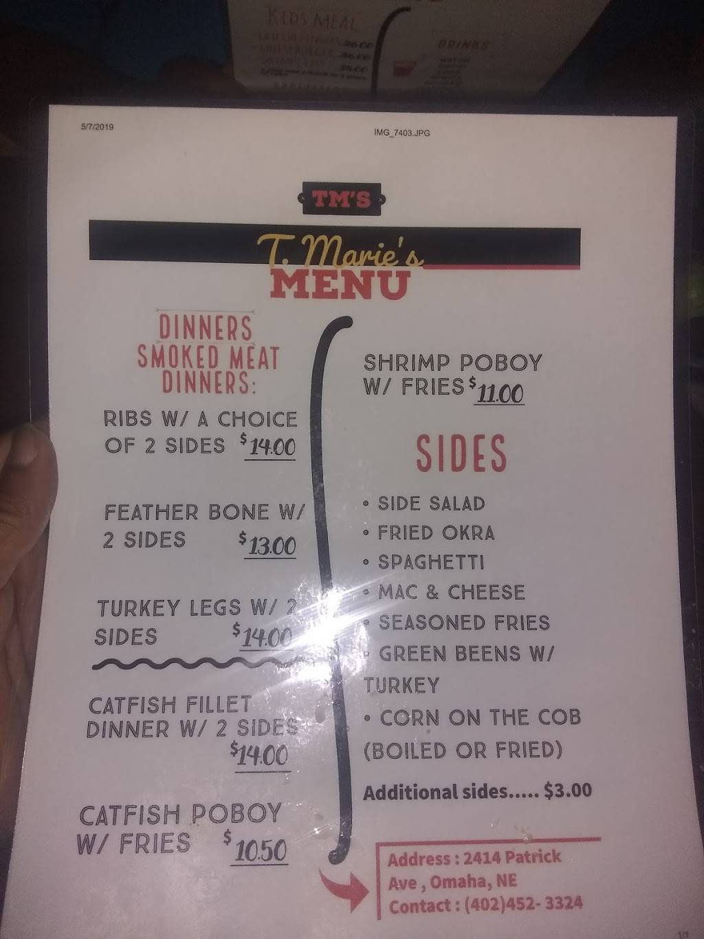 TMarie’s Homestyle Foods and Seafood | restaurant | 2414 Patrick Ave, Omaha, NE 68111, USA | 4024523324 OR +1 402-452-3324