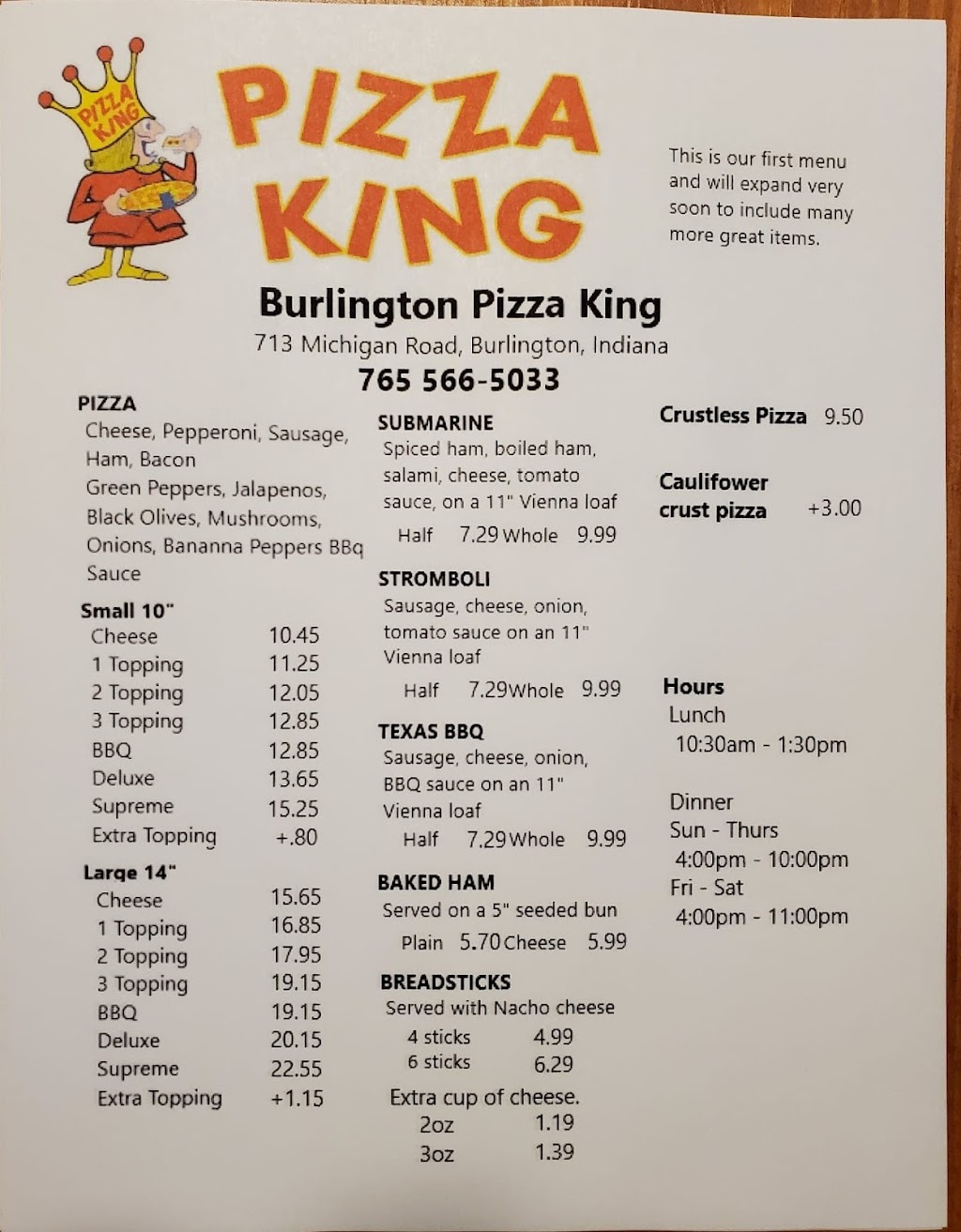 Burlington Pizza King | meal takeaway | 713 S Michigan St, Burlington, IN 46915, USA | 7655665033 OR +1 765-566-5033