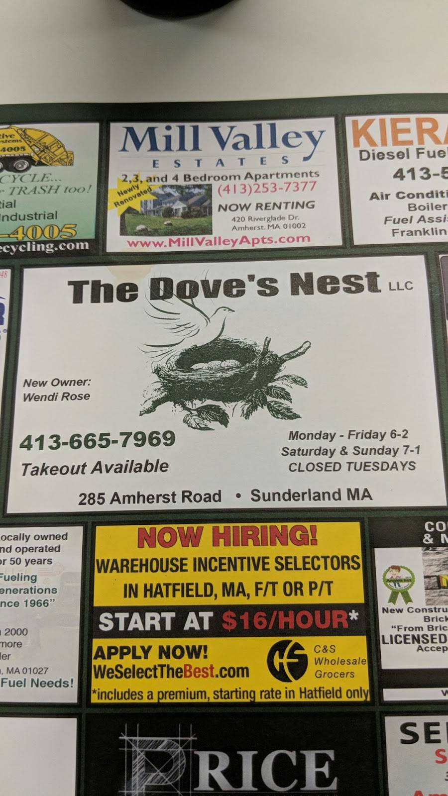 Doves Nest Restaurant | restaurant | 285 Amherst Rd, Sunderland, MA 01375, USA | 4136657969 OR +1 413-665-7969