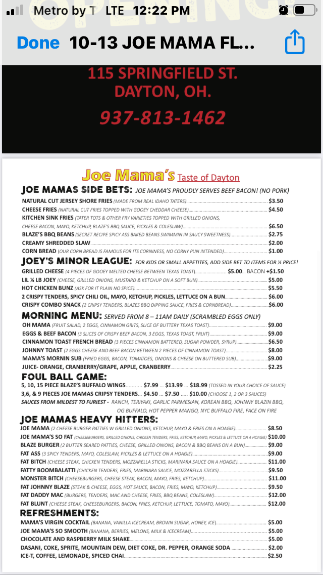 Joe Mamas taste of Dayton | restaurant | 115 Springfield St, Dayton, OH 45403, USA | 9378131462 OR +1 937-813-1462