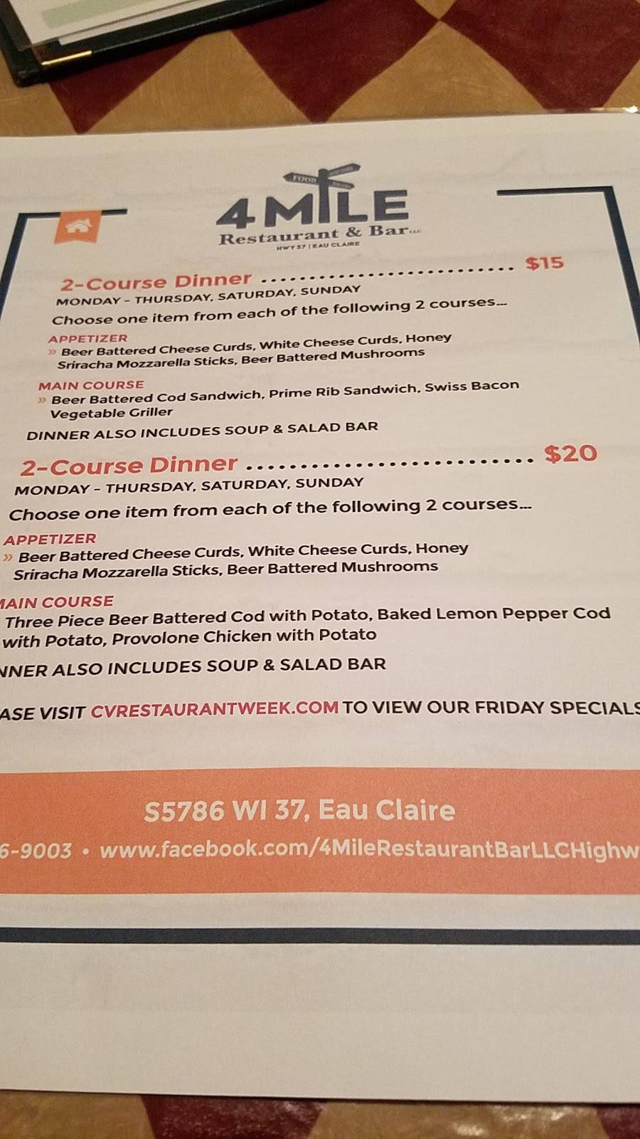 4 Mile Restaurant & Bar | restaurant | S5786 WI-37, Eau Claire, WI 54701, USA | 7158369003 OR +1 715-836-9003