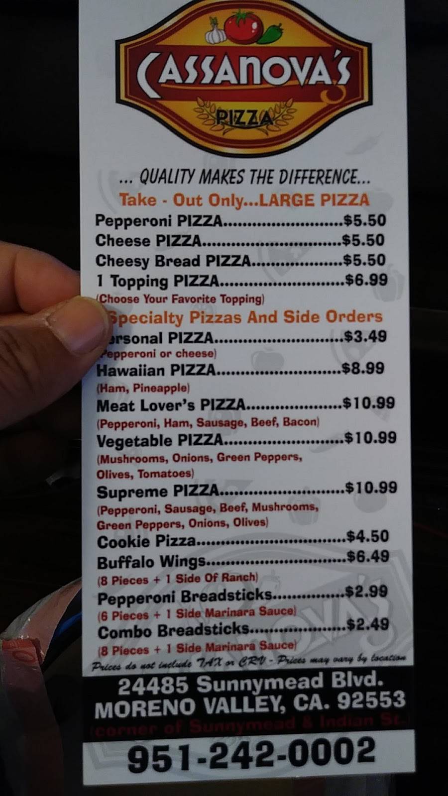 Cassanovas Pizza | restaurant | 24485 Sunnymead Boulevard, Moreno Valley, CA 92553, USA | 9512420002 OR +1 951-242-0002