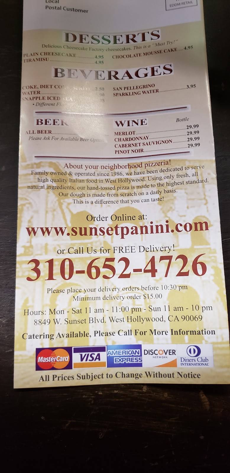 Panini Pizza & Italian Kitchen | meal delivery | 8849 Sunset Blvd, West Hollywood, CA 90069, USA | 3106524726 OR +1 310-652-4726