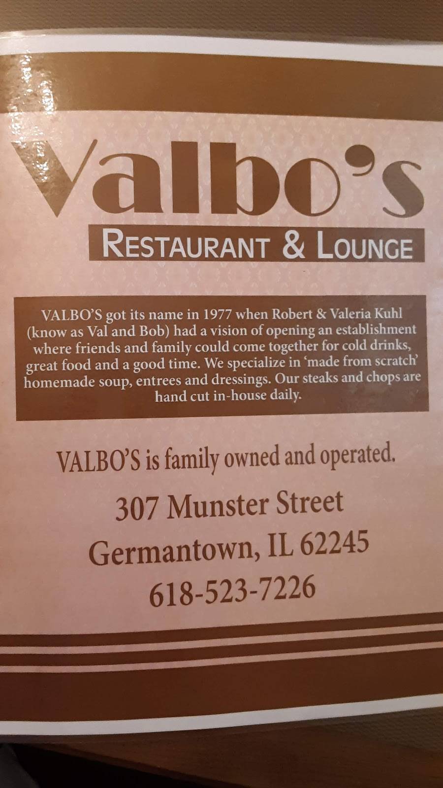 Valbos Restaurant | restaurant | 307 Munster St, Germantown, IL 62245, USA | 6185237226 OR +1 618-523-7226